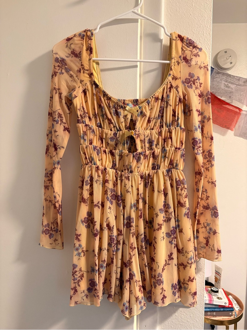 Urban Outfitters Yellow Floral Long-Sleeve Smock Dress with Purple Print
